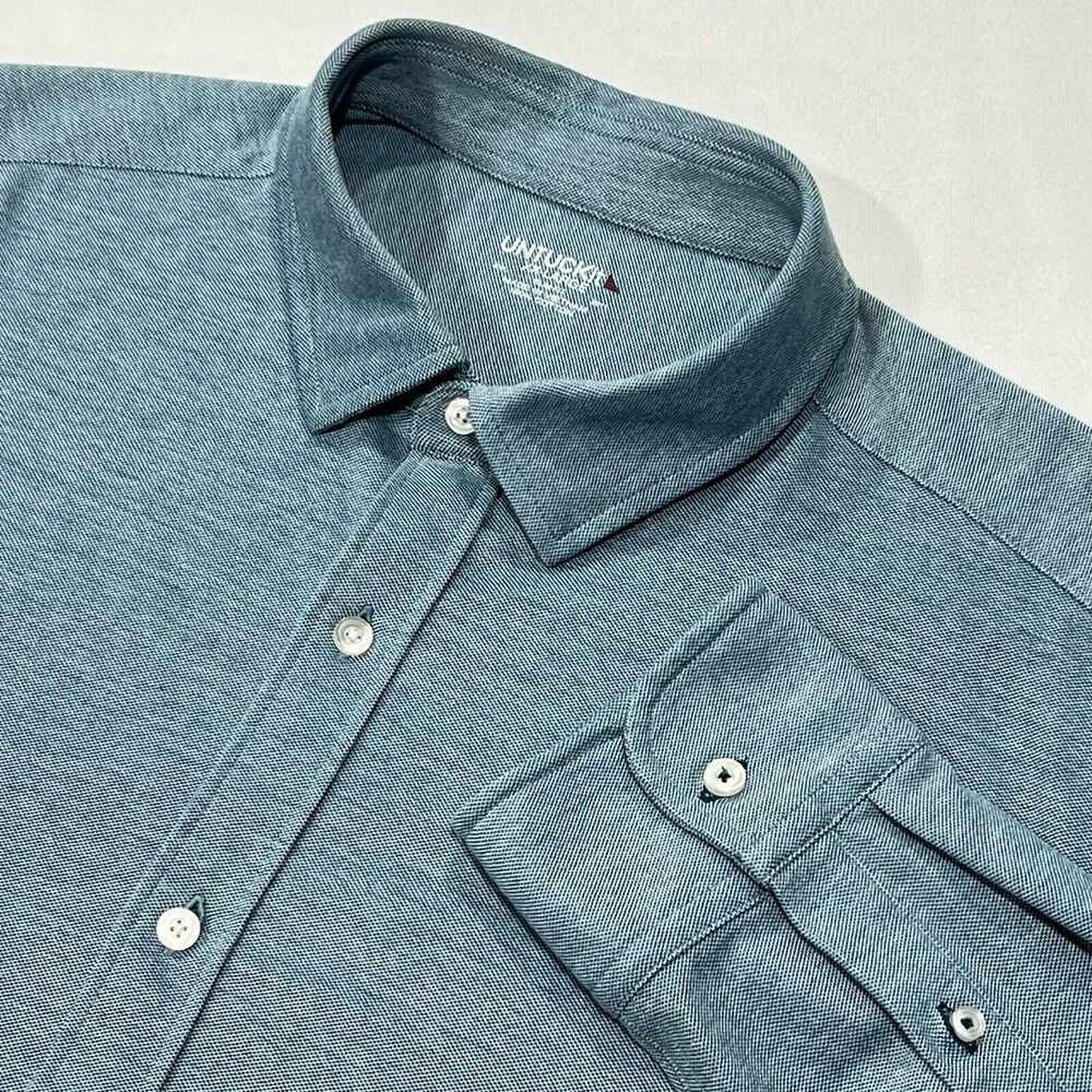 UNTUCKit Men Pique Polo Deep Teal Blue Button Shirt Slim Fit Long Sleeve Sz 2XL